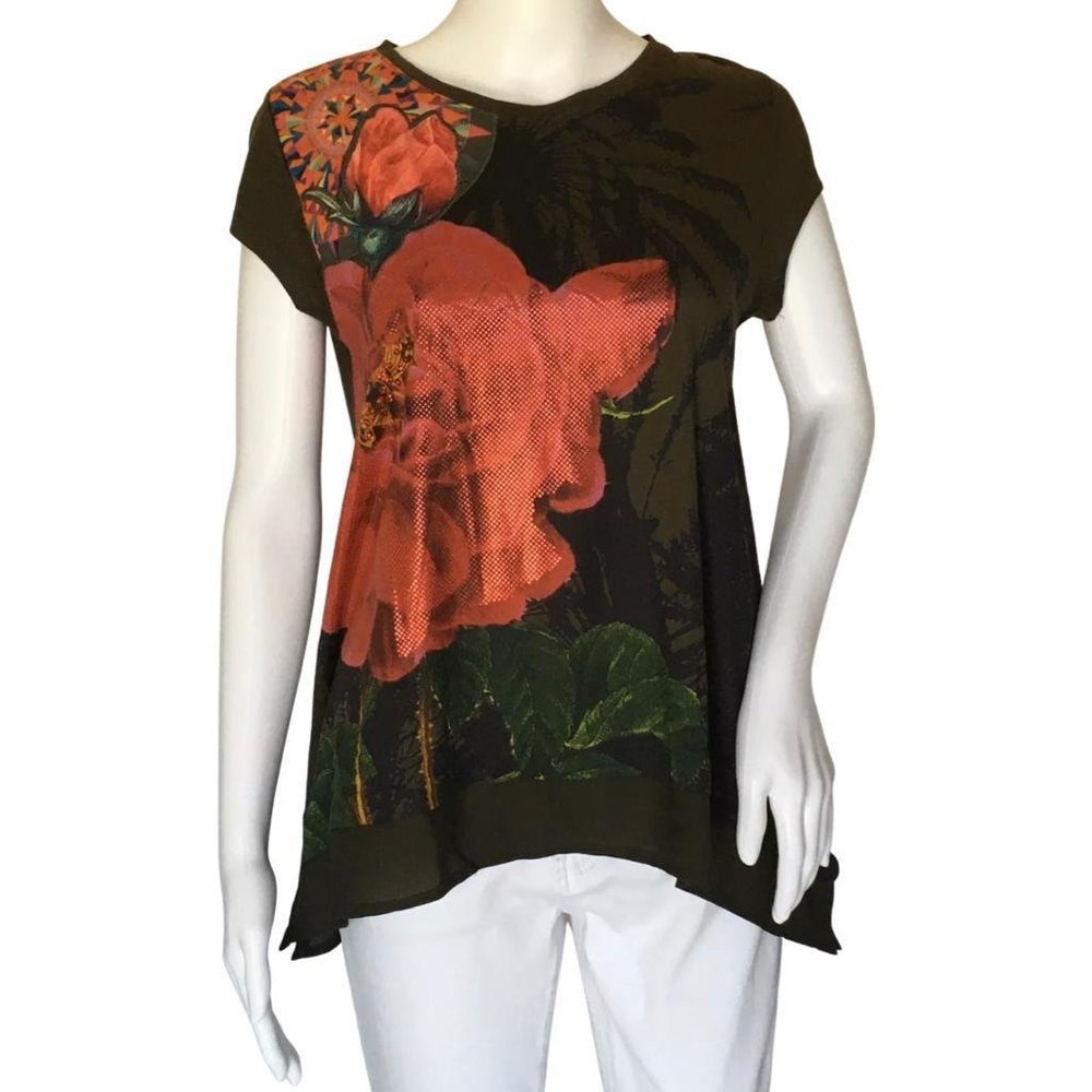 NWT Desigual Women's Stamped Floral Top Black Sz S